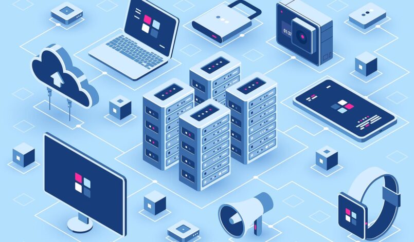 Computer technology isometric icon, server room, digital device set, element for design, pc laptop, mobile phone with smartwatch, cloud storage, flat vector illustration